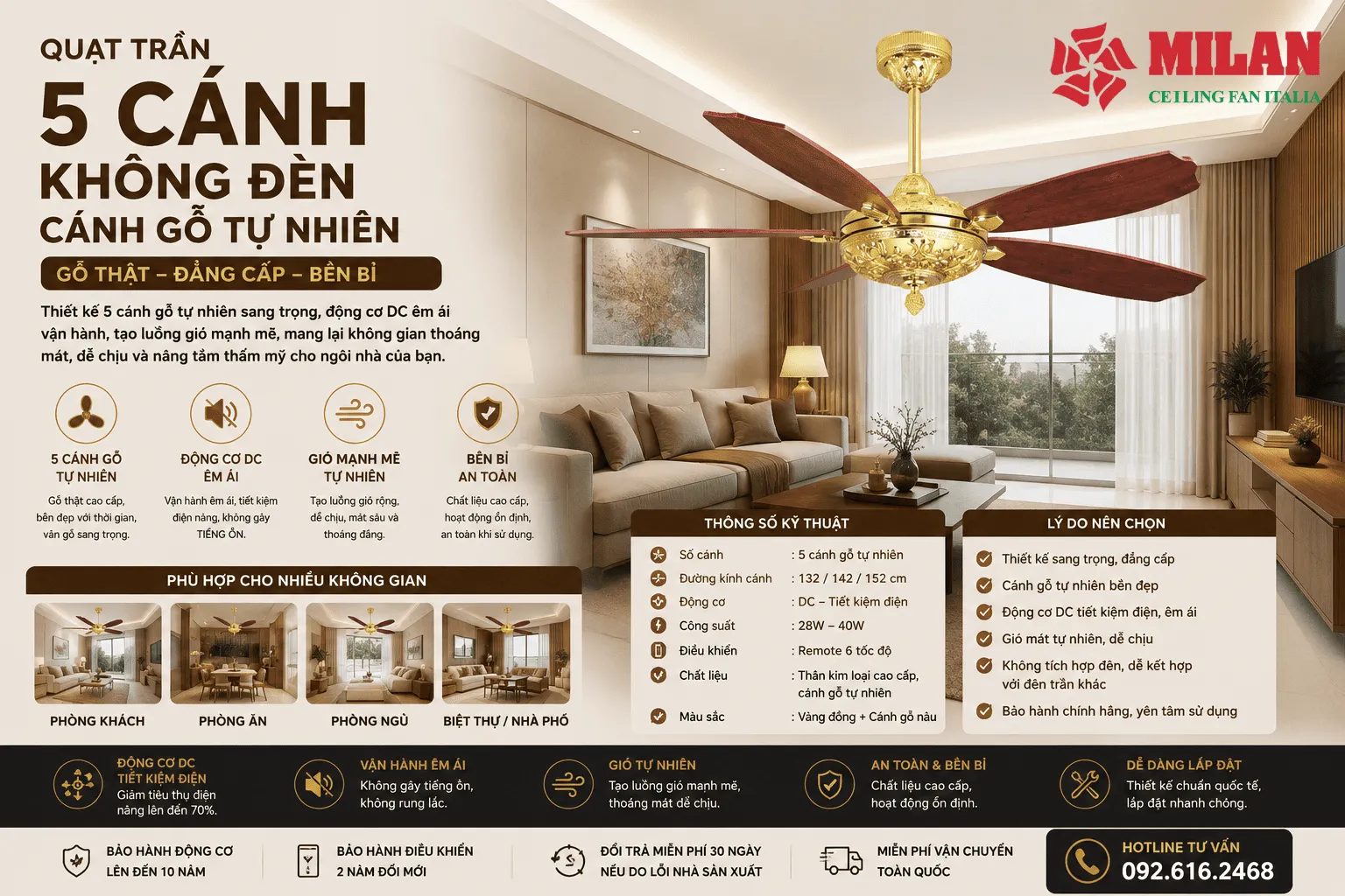 quạt trần 5 cánh không đèn cánh gỗ